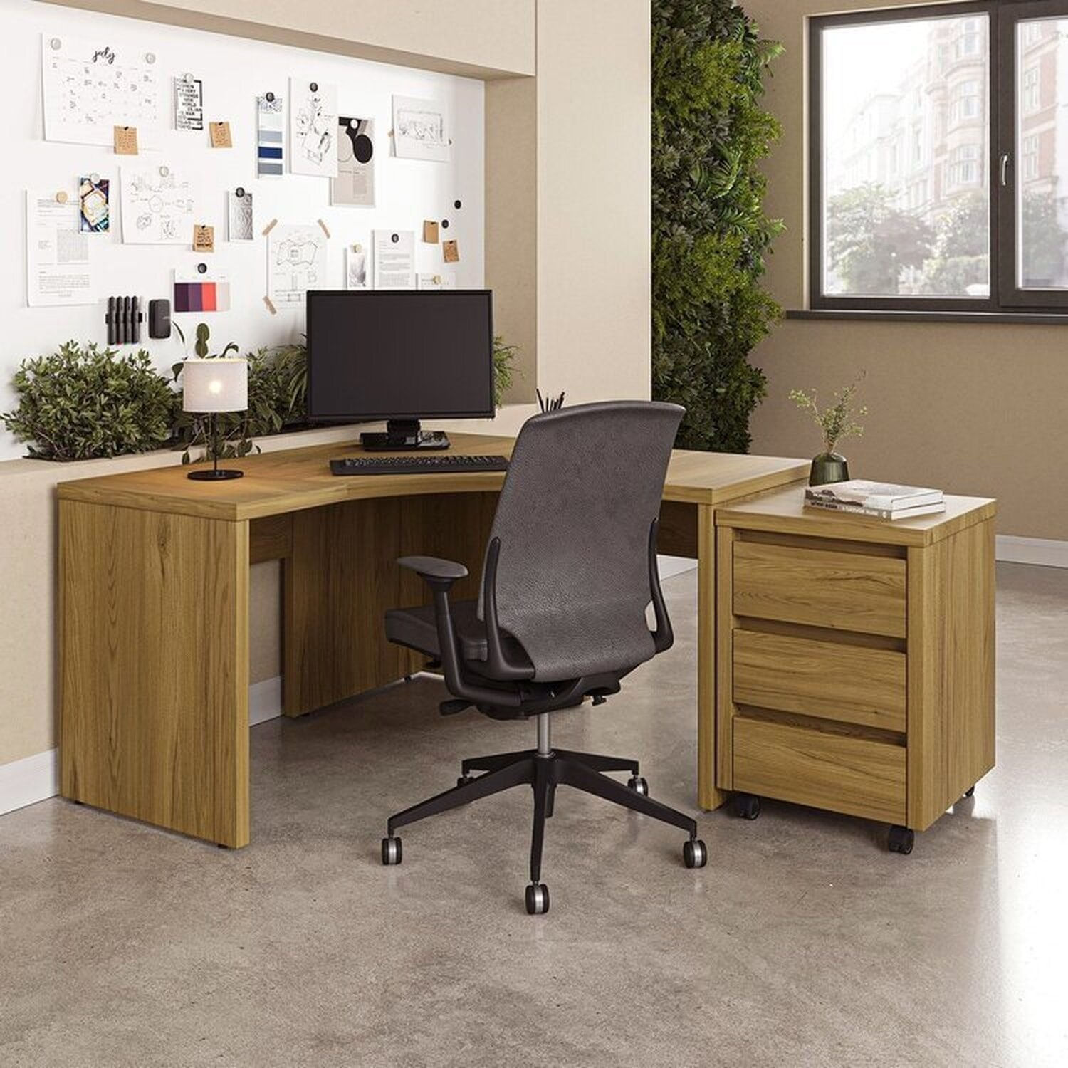 Escrivaninha Mesa Escritório em L com Gaveteiro com Rodízio Ficus 135cm CabeCasa MadeiraOriginals Rovere Rovere