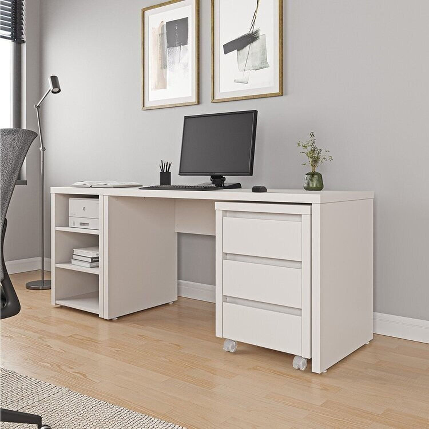 Escrivaninha Mesa Escritório com Gaveteiro com Rodízio e Prateleiras Ficus 135cm CabeCasa MadeiraOriginals Branco Branco