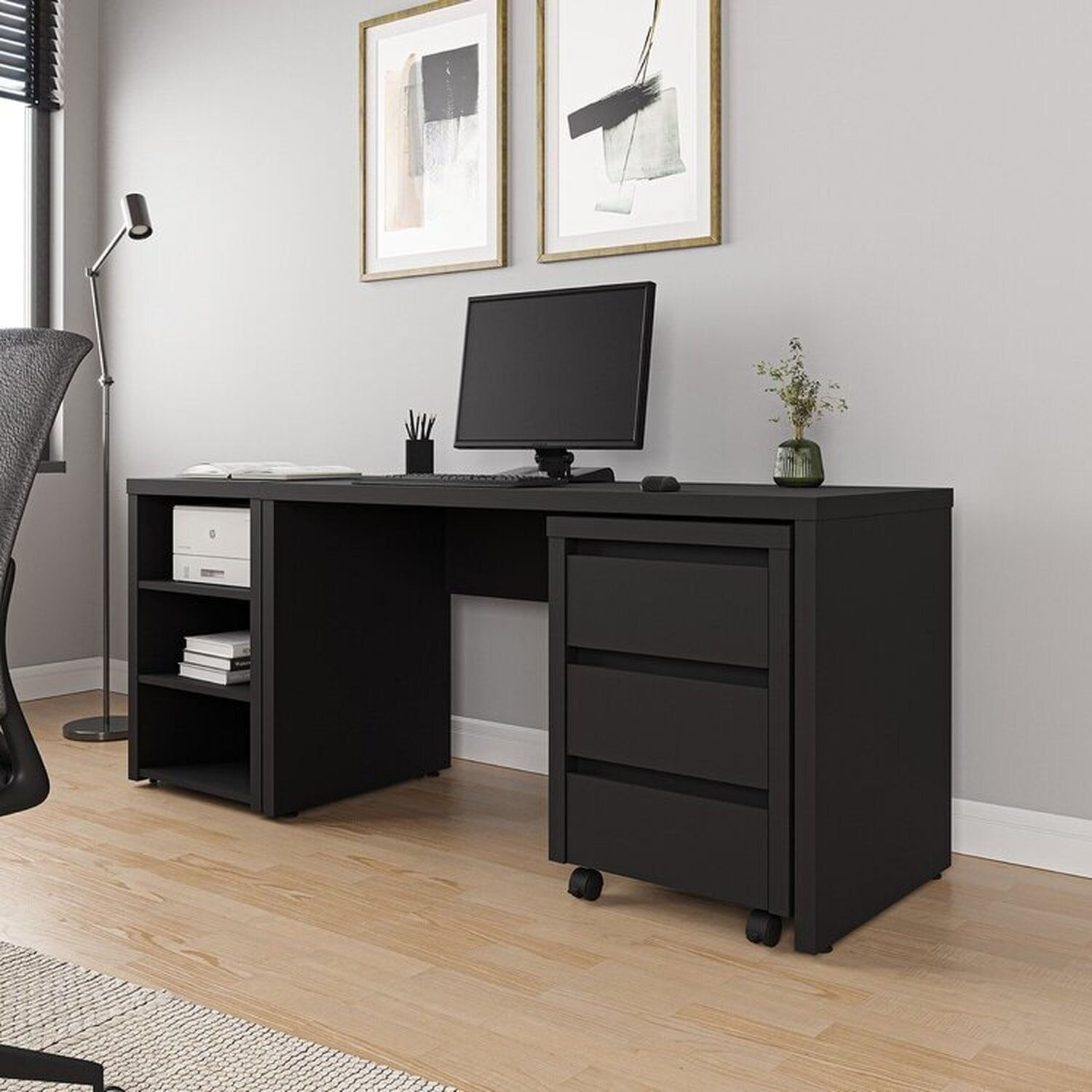 Escrivaninha Mesa Escritório com Gaveteiro com Rodízio e Prateleiras Ficus 135cm CabeCasa MadeiraOriginals Preto Preto