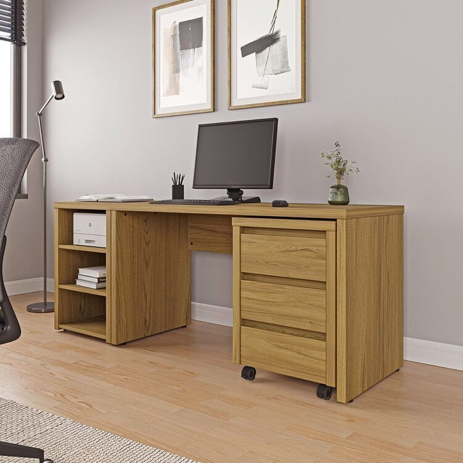 Escrivaninha Mesa Escritório com Gaveteiro com Rodízio e Prateleiras Ficus 135cm CabeCasa MadeiraOriginals Rovere Rovere