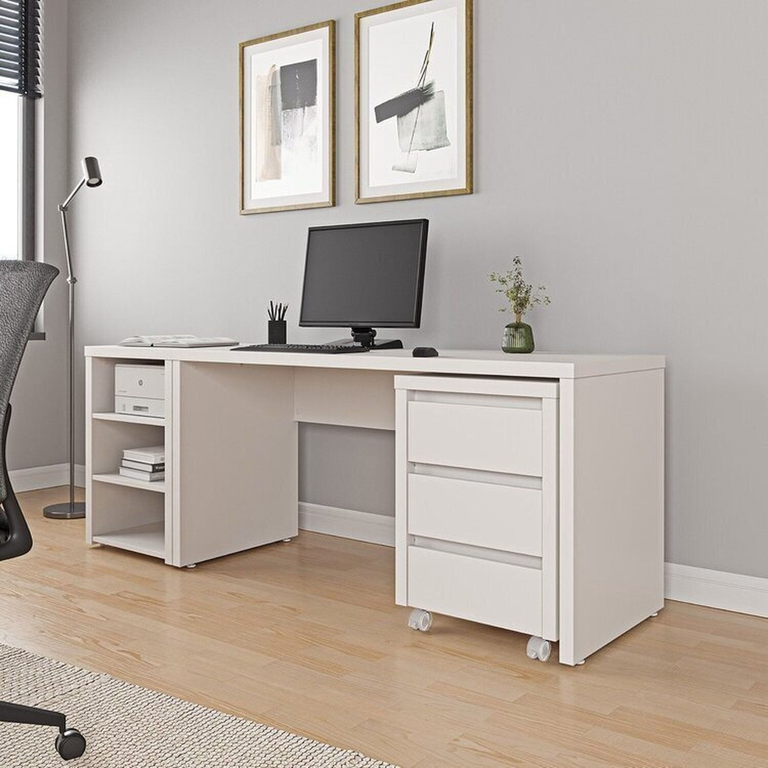 Escrivaninha Mesa Escritório com Gaveteiro com Rodízio e Prateleiras Ficus 200cm CabeCasa MadeiraOriginals Branco Branco