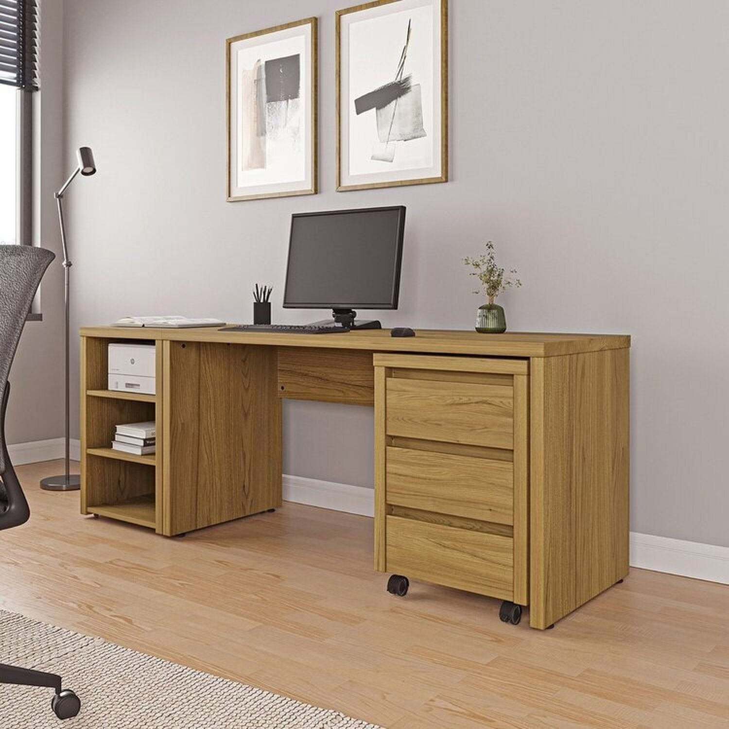 Escrivaninha Mesa Escritório com Gaveteiro com Rodízio e Prateleiras Ficus 200cm CabeCasa MadeiraOriginals Rovere Rovere
