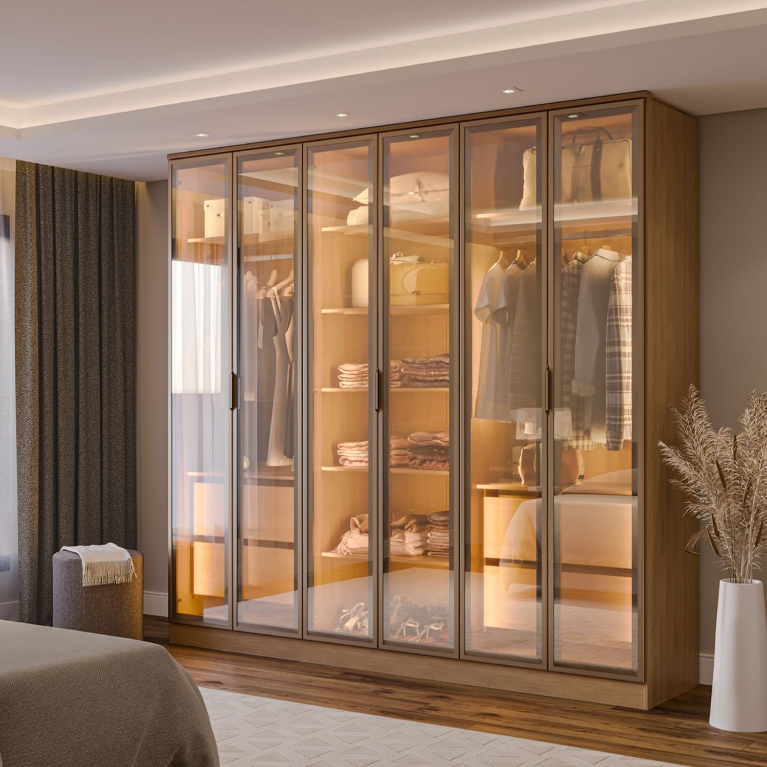 Guarda-roupa 6 Portas Reflecta com Led 100% Mdf Orion CabeCasa MadeiraOriginals Olmo/Reflecta