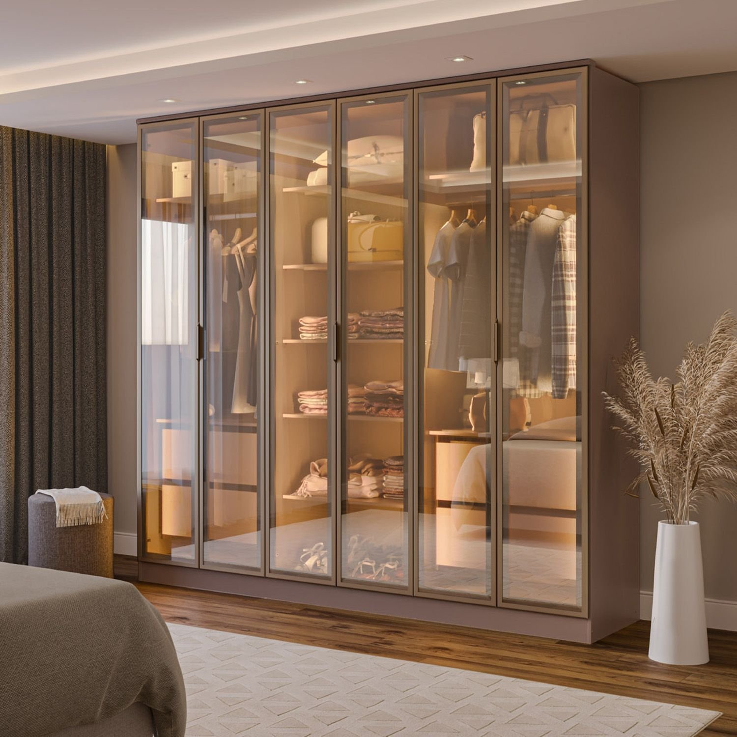 Guarda-roupa 6 Portas Reflecta com Led 100% Mdf Orion CabeCasa MadeiraOriginals Mocha