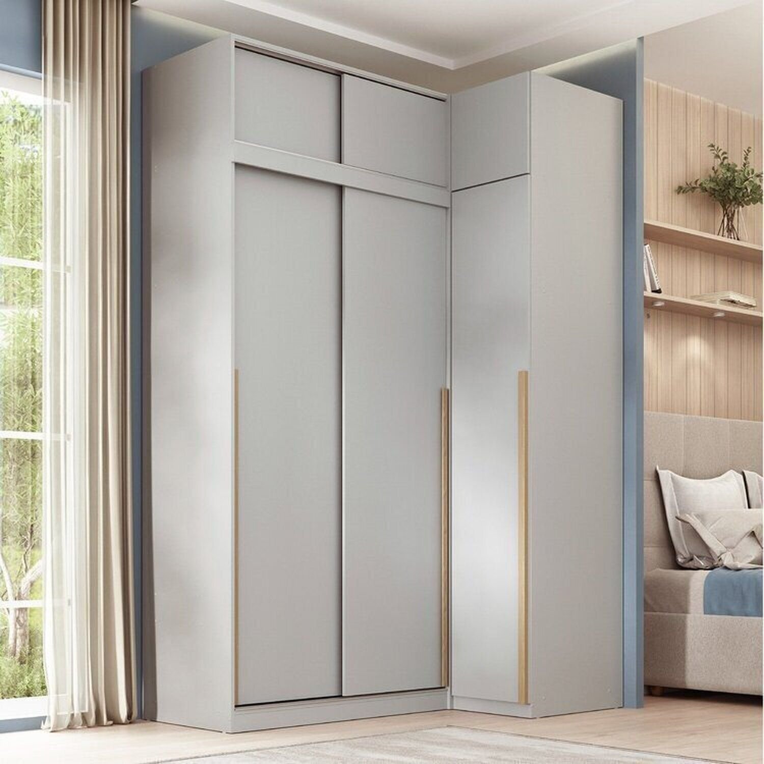 Guarda-roupa Modular de Canto 4 Peças 6 Portas com 4 Portas de Correr Jade CabeCasa MadeiraOriginals Cinza Urbano