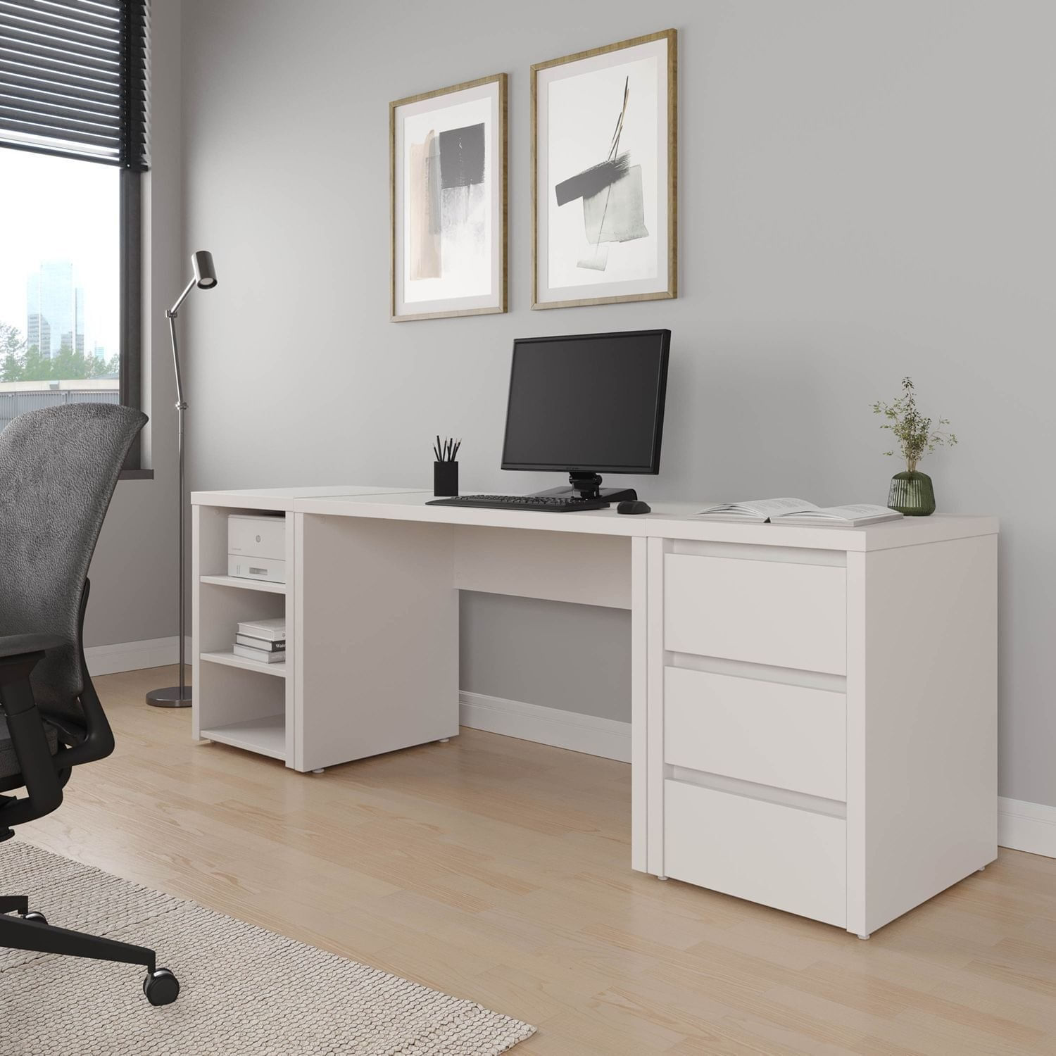 Escrivaninha Mesa Escritório com Gaveteiro e Nicho Ficus 3 Gavetas 220cm CabeCasa MadeiraOriginals Branco Branco