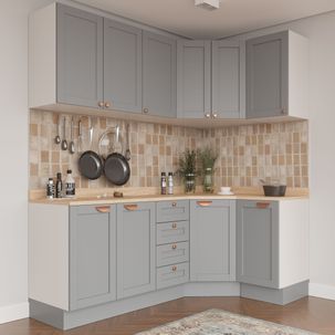 Cozinha Modulada 6 Peças com Tampo 3 Aéreos 6 Portas 3 Balcões Arizona CabeCasa MadeiraMadeira Branco/Cinza