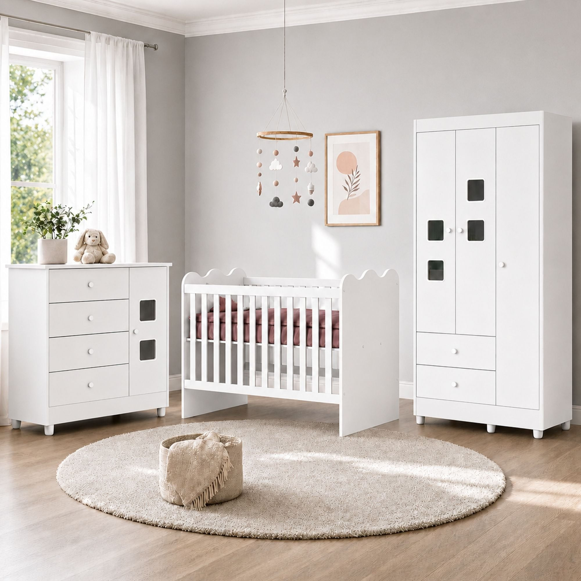 Quarto de Bebê Completo 100% MDF Berço Guarda-Roupa 3 Portas Ternura Branco