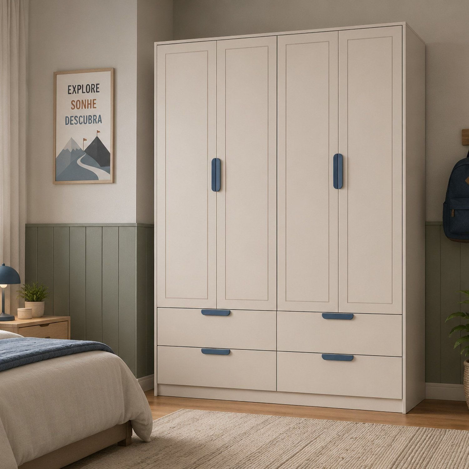 Armário para Quarto Infantil 4 Portas e 4 Gavetas Theo Bege/Areia/Azul Petróleo AREIA / AZUL PETROLEO