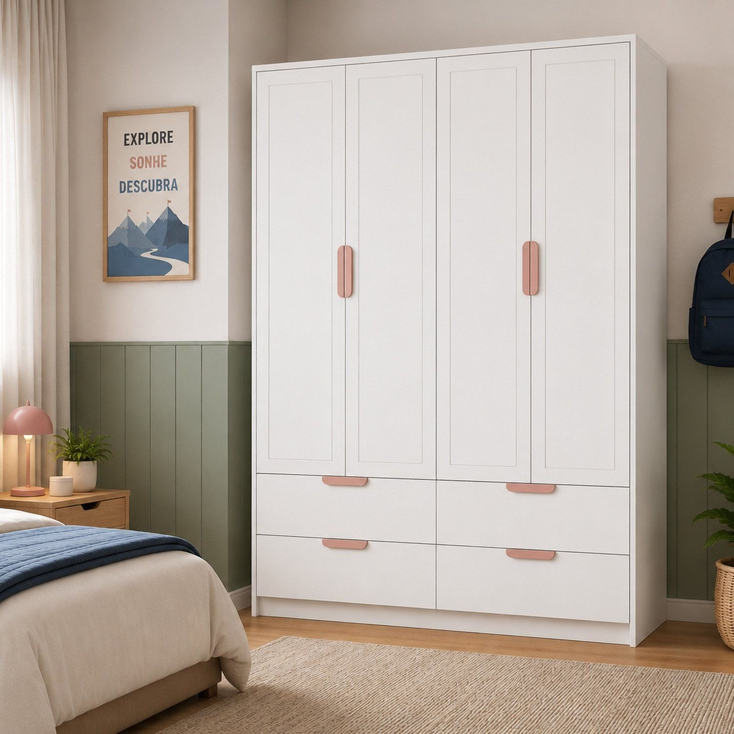 Armário para Quarto Infantil 4 Portas e 4 Gavetas Theo Neve / Renda