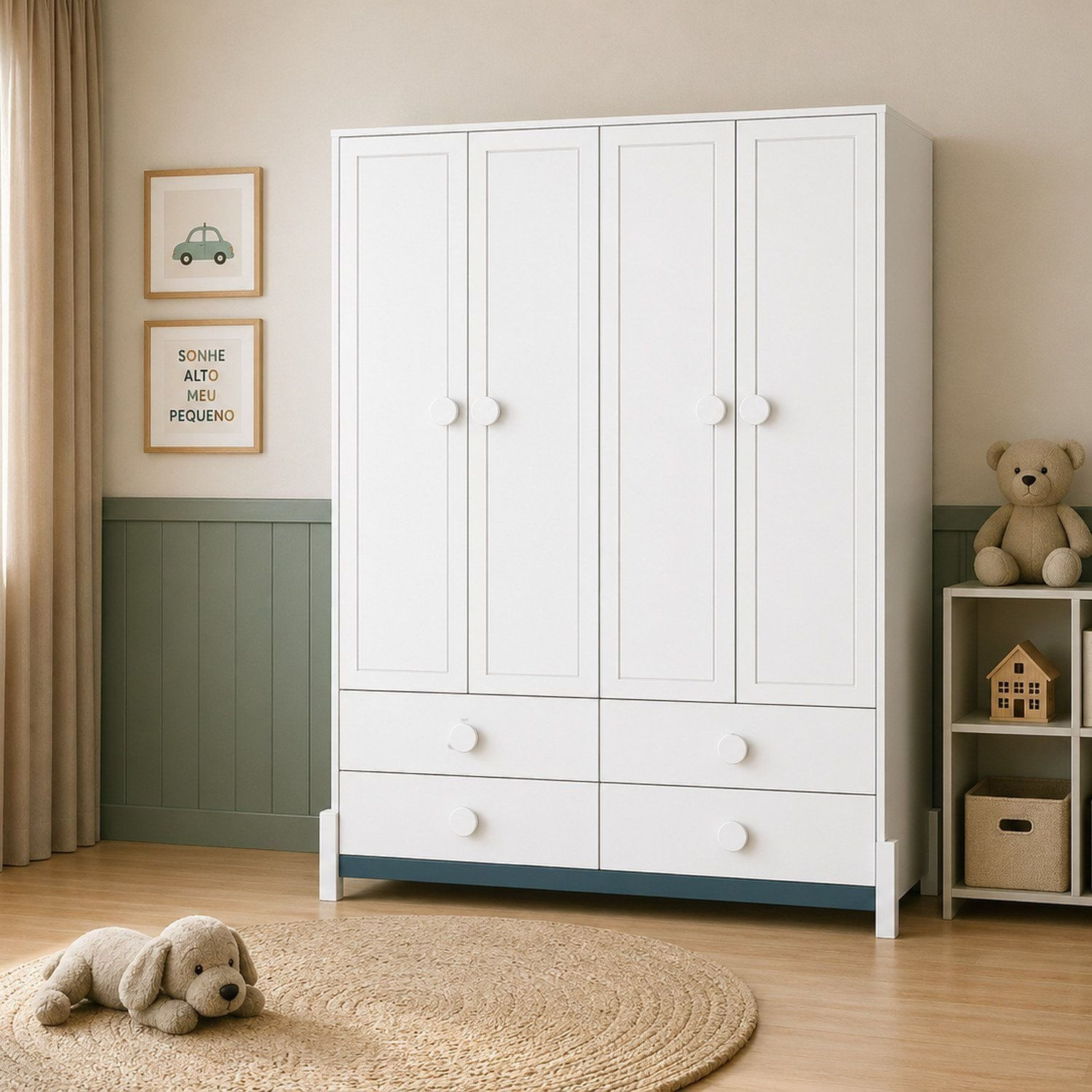 Armário para Quarto Infantil 4 Portas e 4 Gavetas Luna Branco/Neve/Azul Petroleo NEVE/ AZUL PETROLEO