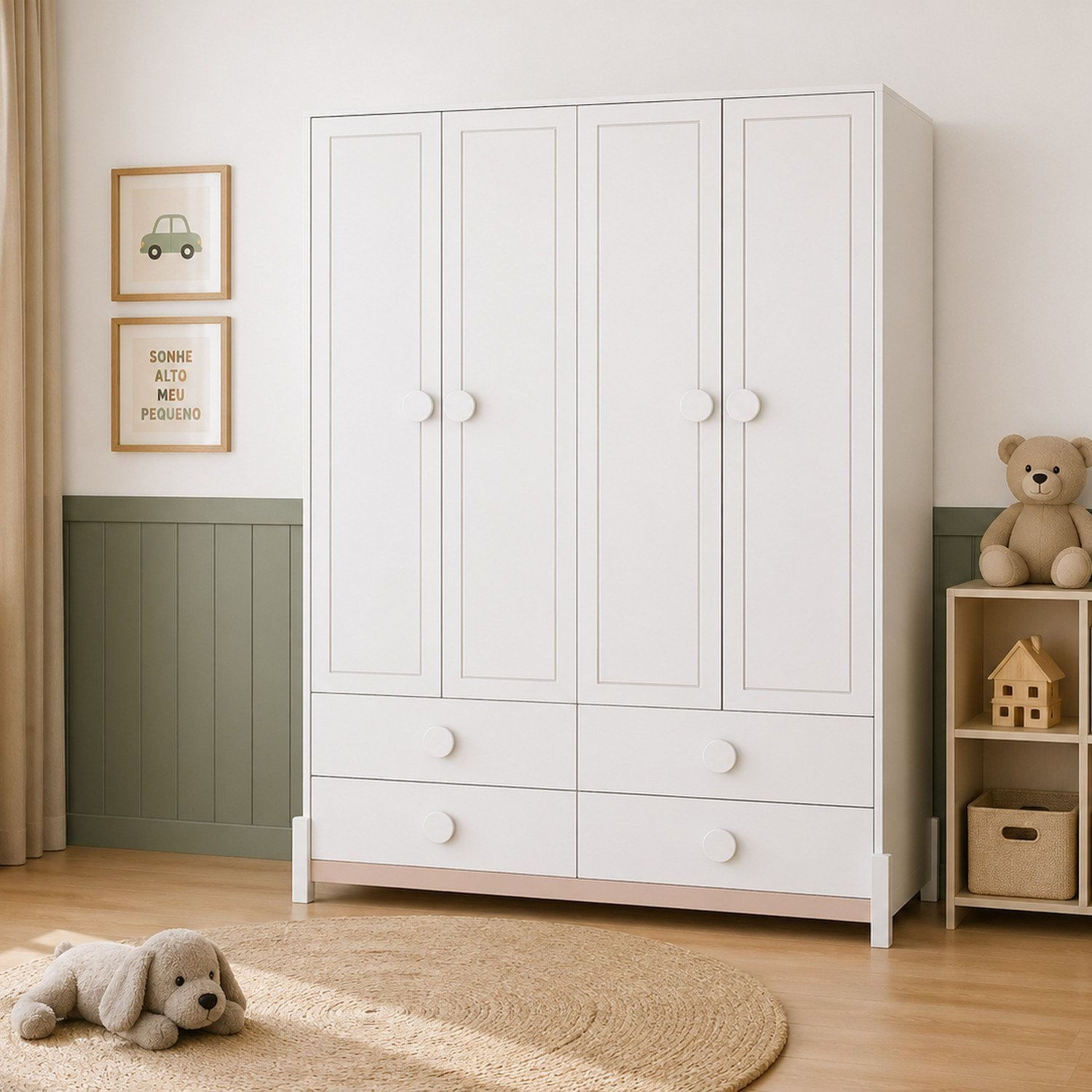 Armário para Quarto Infantil 4 Portas e 4 Gavetas Luna Branco/Neve/Renda Neve/Renda