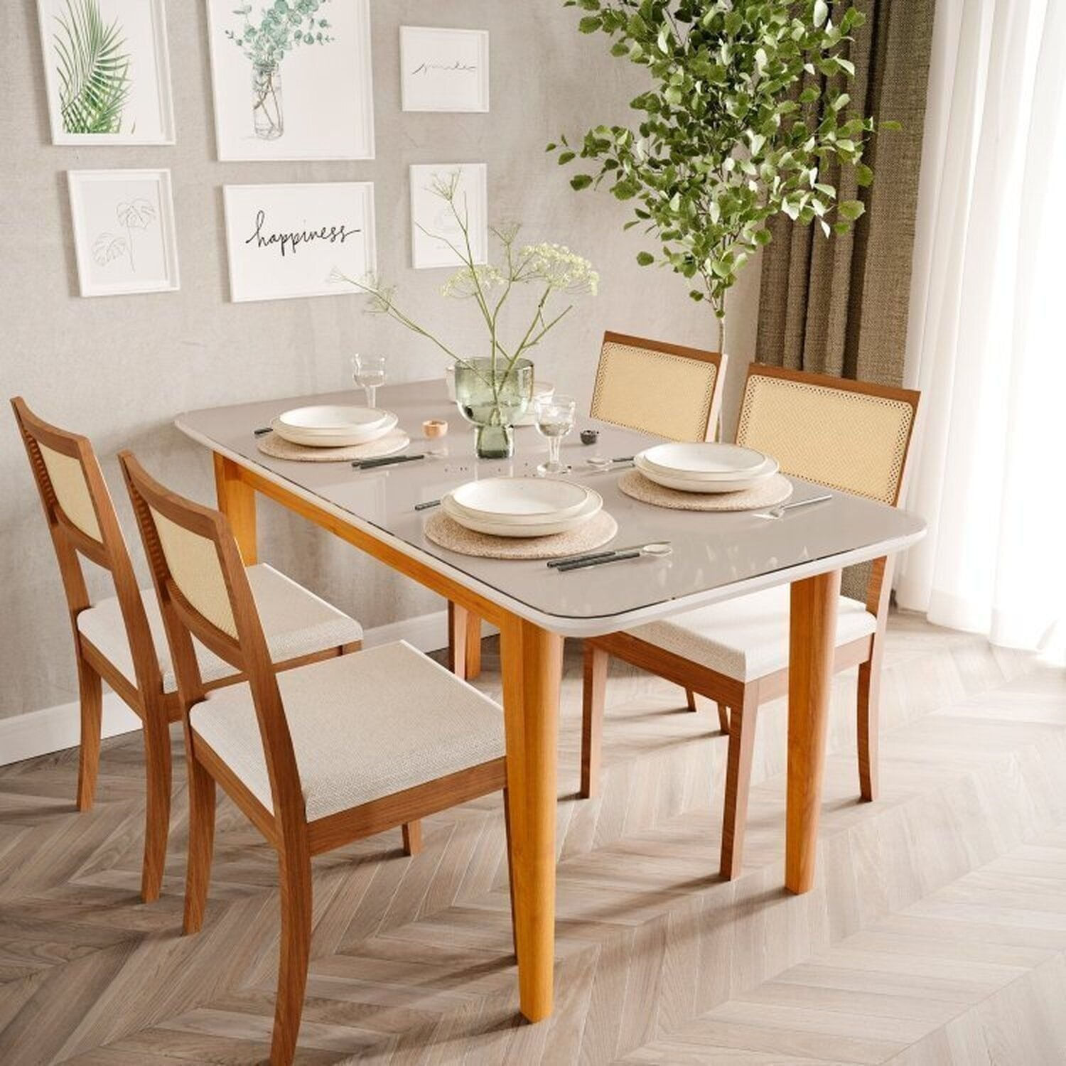 Mesa com 4 Cadeiras Madeira Maciça Tampo Mdf e Vidro 160cm Tangará Tiê Cabecasa Madeiraoriginals Caramelo/Off White e Amêndoa/Bege claro