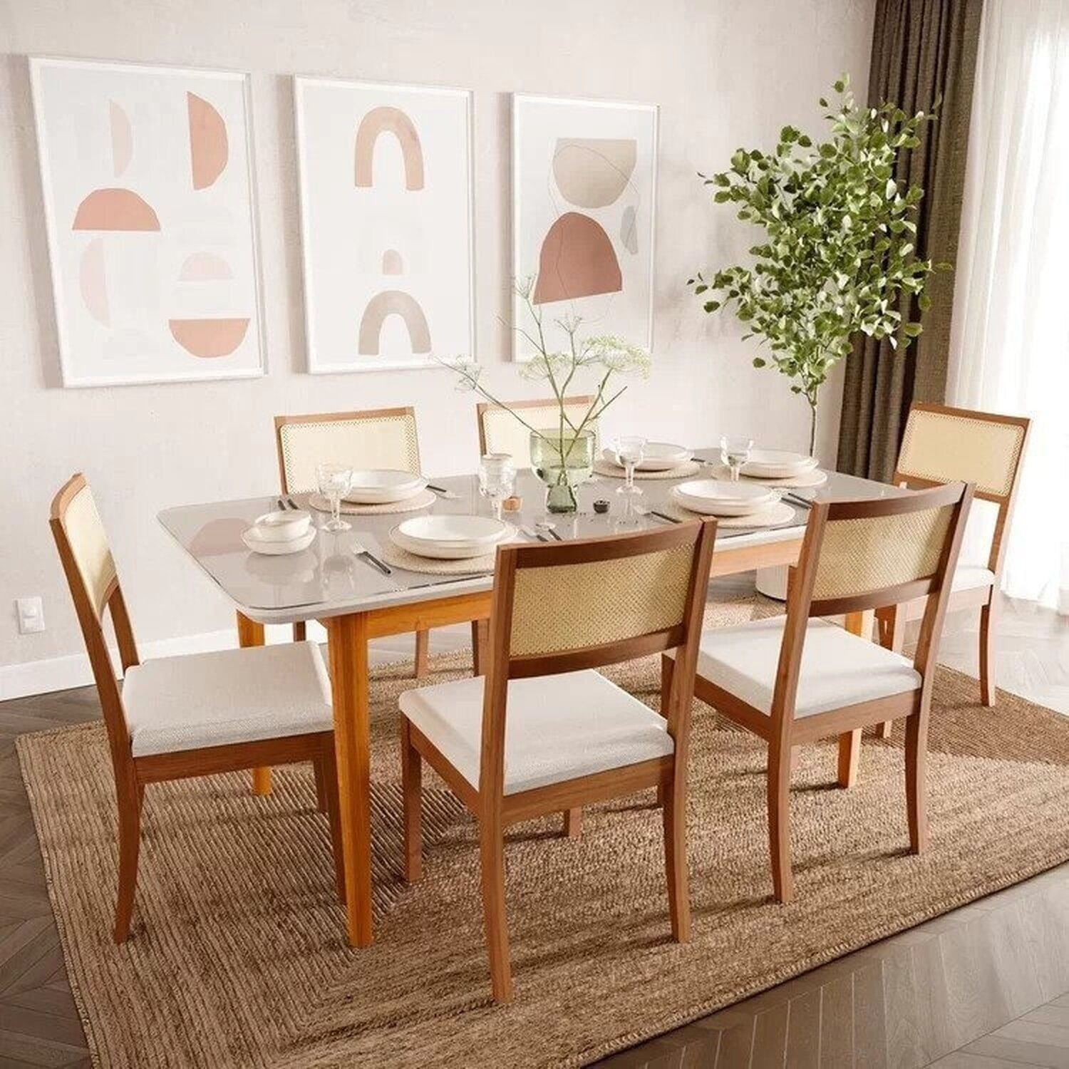 Mesa com 6 Cadeiras Madeira Maciça Tampo MDF e Vidro 180cm Tangará Tiê CabeCasa MadeiraOriginals Beg Caramelo/Off White e Amêndoa/Bege claro