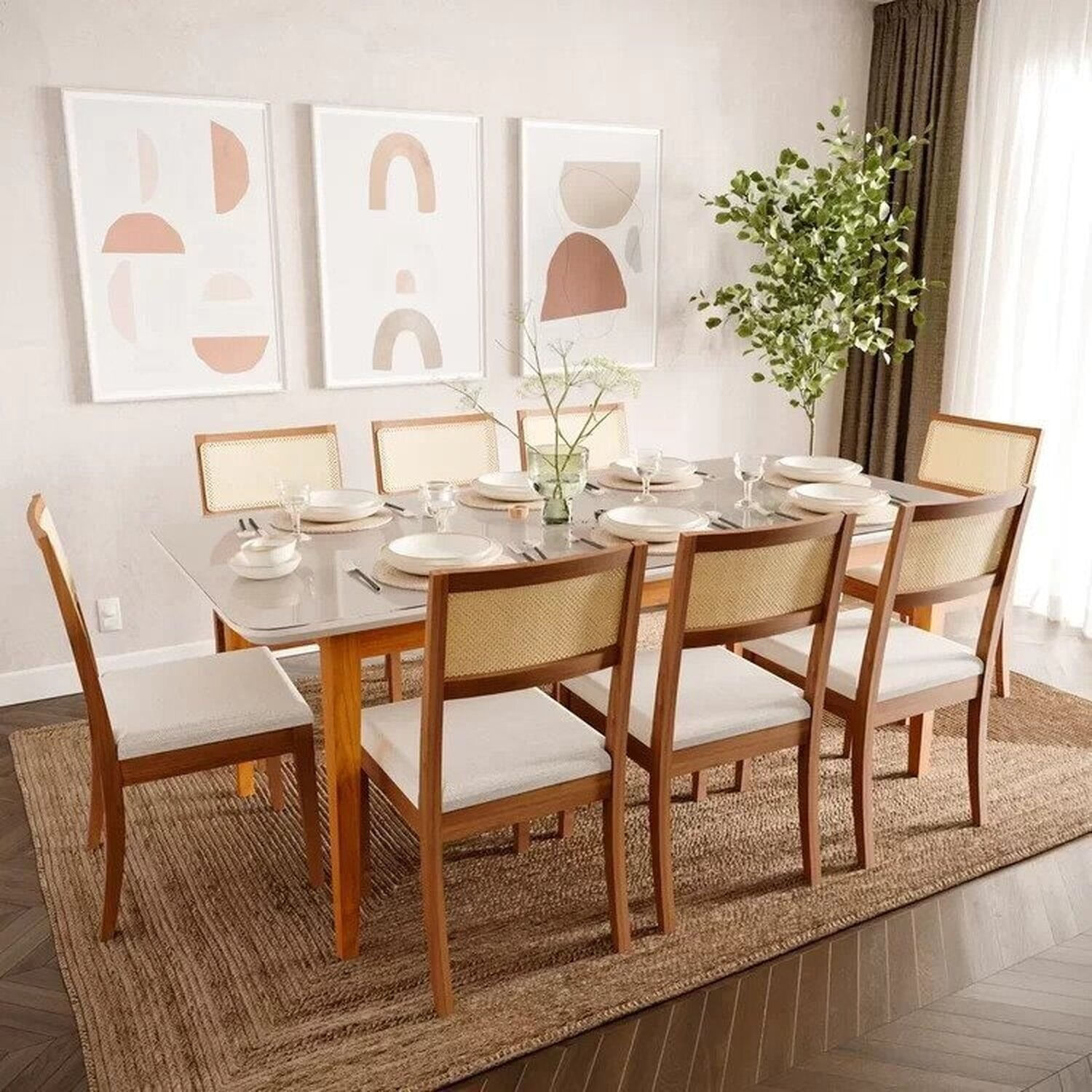 Mesa com 8 Cadeiras Madeira Maciça Tampo MDF e Vidro Tangará Tiê CabeCasa MadeiraOriginals Bege/Cara Caramelo/Off White e Amêndoa/Bege claro