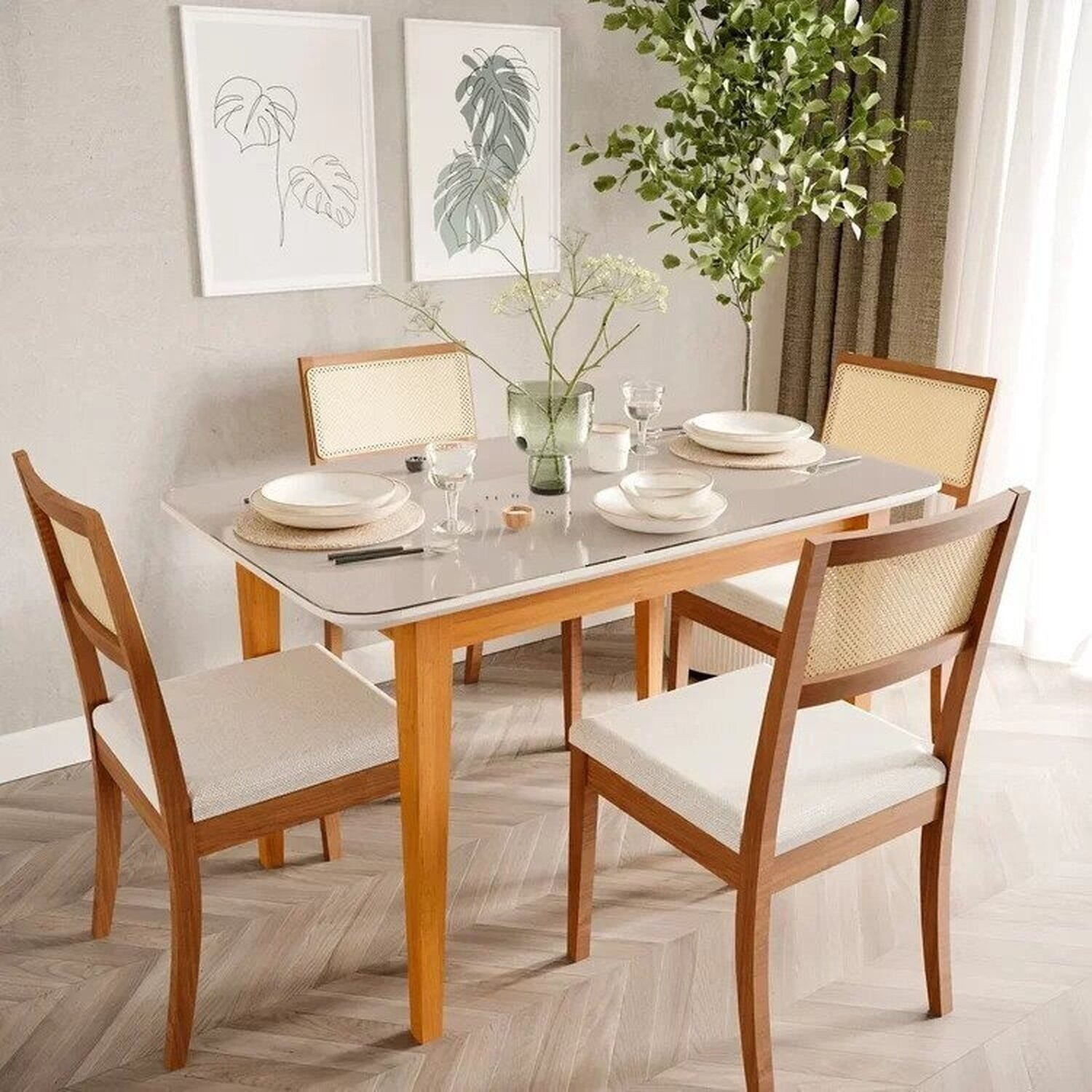 Mesa com 4 Cadeiras Madeira Maciça Tampo MDF e Vidro Tangará Tiê CabeCasa MadeiraOriginals Bege/Cara Caramelo/Off White e Amêndoa/Bege claro