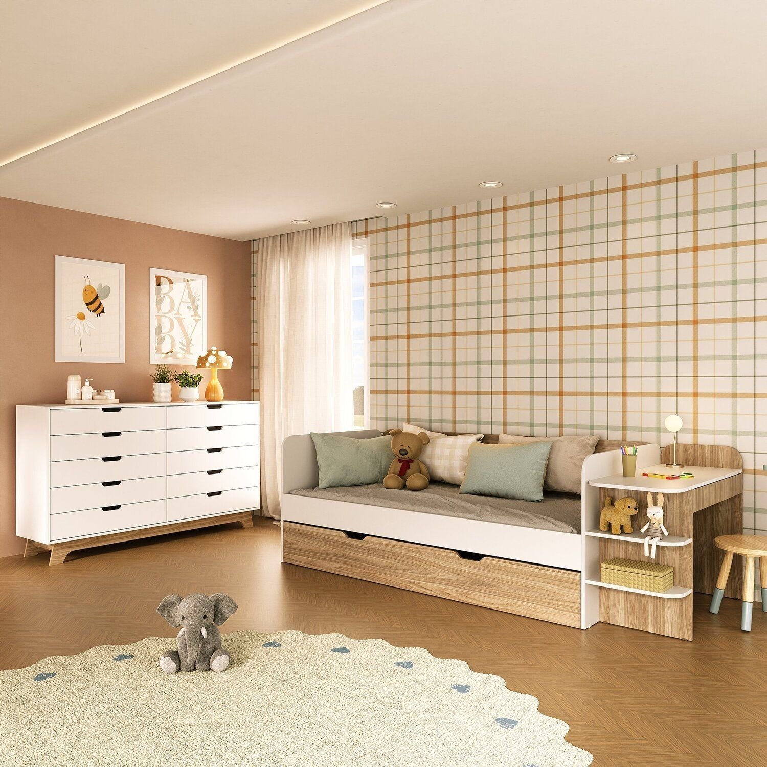 Quarto Infantil Cama de Solteiro 3 em 1 e Cômoda 10 Gavetas em MDF Premium Helena e Alice Branco/Louro Freijó Grann Branco/ Louro Freijó Grann