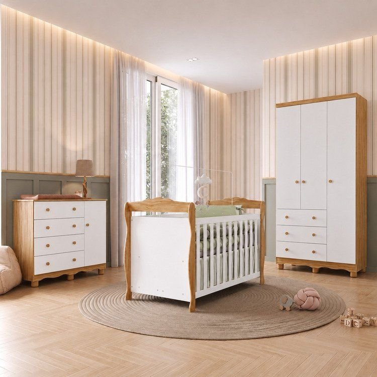 Quarto de Bebê com Guarda-Roupa 3 Portas Cômoda 4 Gavetas e Berço Nina 100% MDF Espresso Móveis Branco/Amêndoa