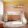Cama Elevada com Escada Lateral e Escorregador Artsy Casatema Natural/Branco Amadeirado/Branco