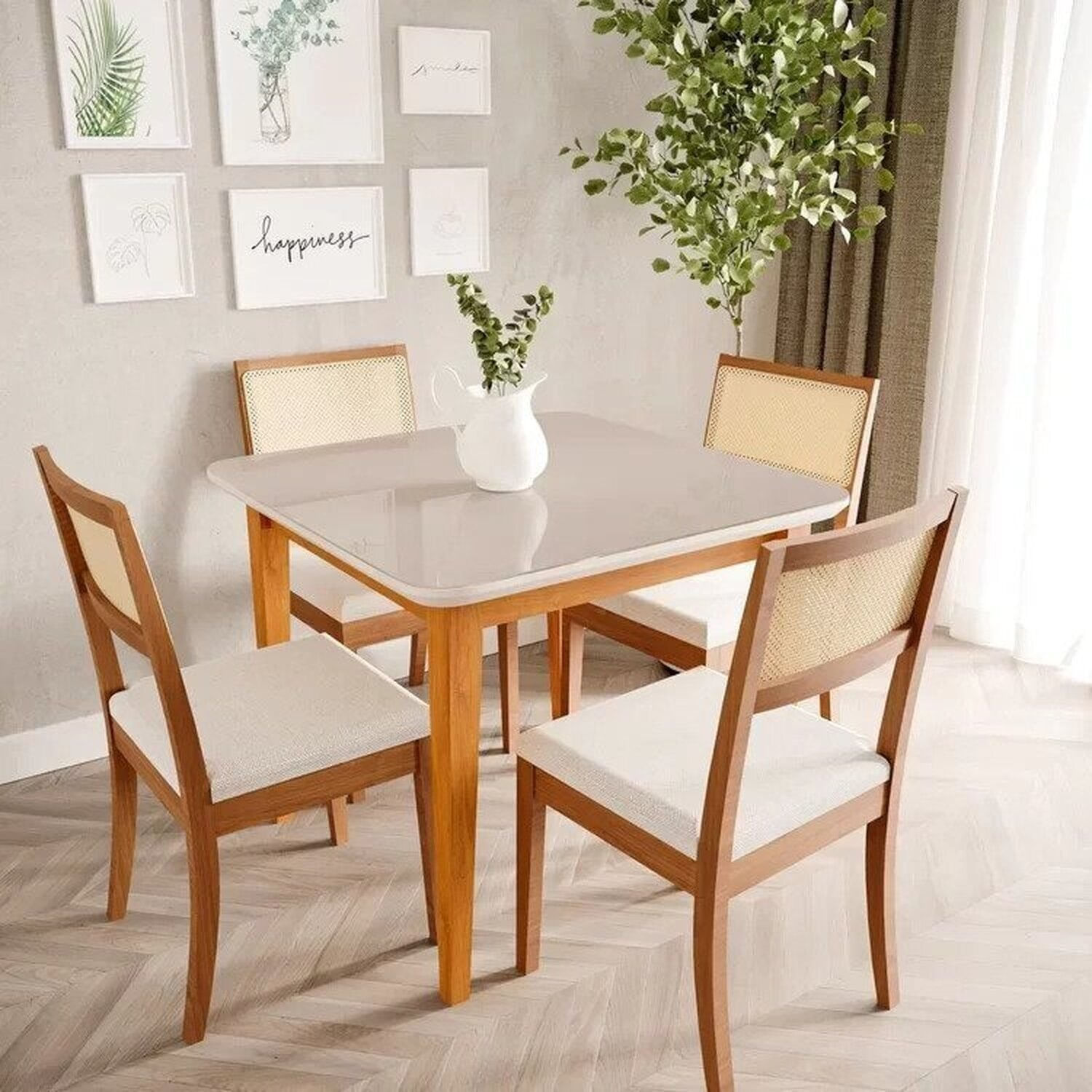 Mesa com 4 Cadeiras Madeira Maciça Tampo MDF e Vidro Tangará Tiê CabeCasa MadeiraOriginals Bege/Cara Caramelo/Off White e Amêndoa/Bege claro