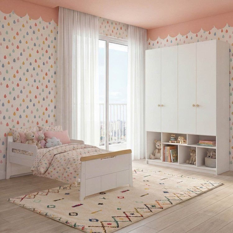 Quarto Infantil Cama com Grades Petit e Guarda Roupa Curió 4 Portas Casatema Branco Branco