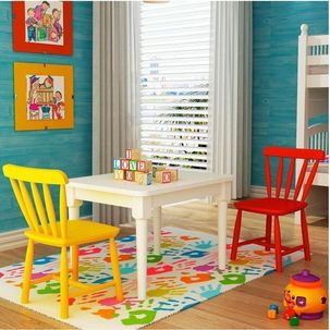 Conjunto Mesa com 2 Cadeiras Infantis Madeira Maciça DEISS Branco/Vermelho/Amarelo