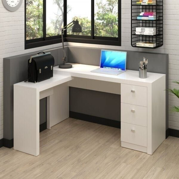 Mesa de Escritório em L com 3 Gavetas - Branco