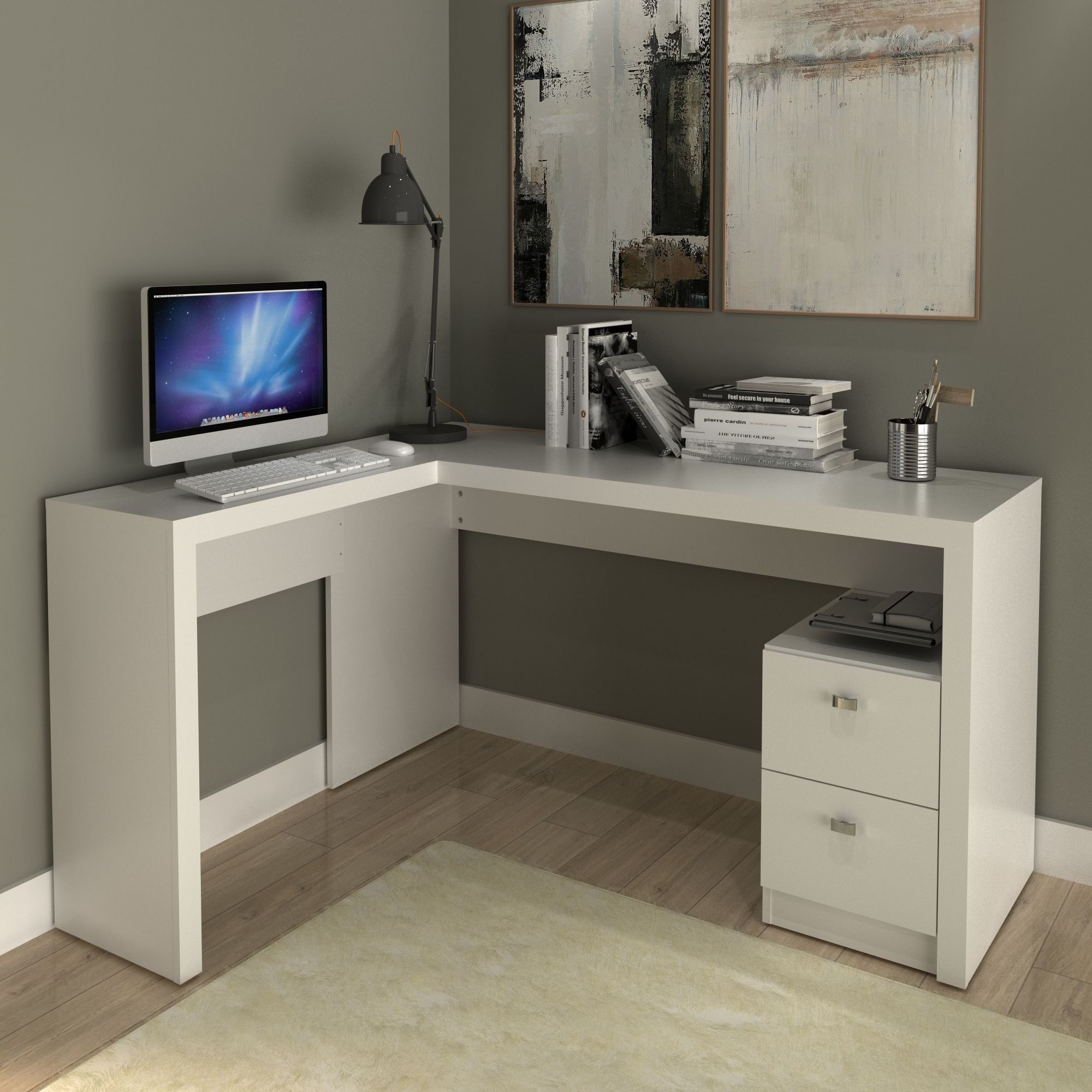 Mesa de Escritório em L com 2 Gavetas - Branco
