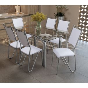 Conjunto Mesa Elba de Vidro com 6 Cadeiras Londres Kappesberg - Cromado/Branco