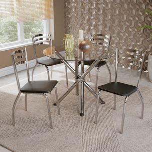 Conjunto Sala de Jantar 1 Mesa Tampo Vidro Redondo 4 Cadeiras Portugal Cromado