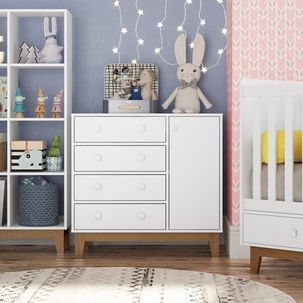 Cômoda Infantil 1 Porta 4 Gavetas Retrô Completa Móveis Branco/Inhotin