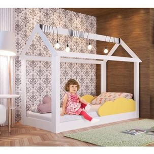 Cama Infantil Montessoriano Bela Casinha com Grade Nuvem Completa Móveis Branco/Amarelo