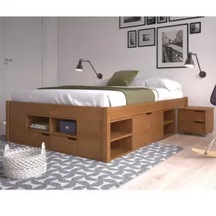 Cama Casal Multifuncional Madeira Maciça 6 Gavetas Charme Amendoa