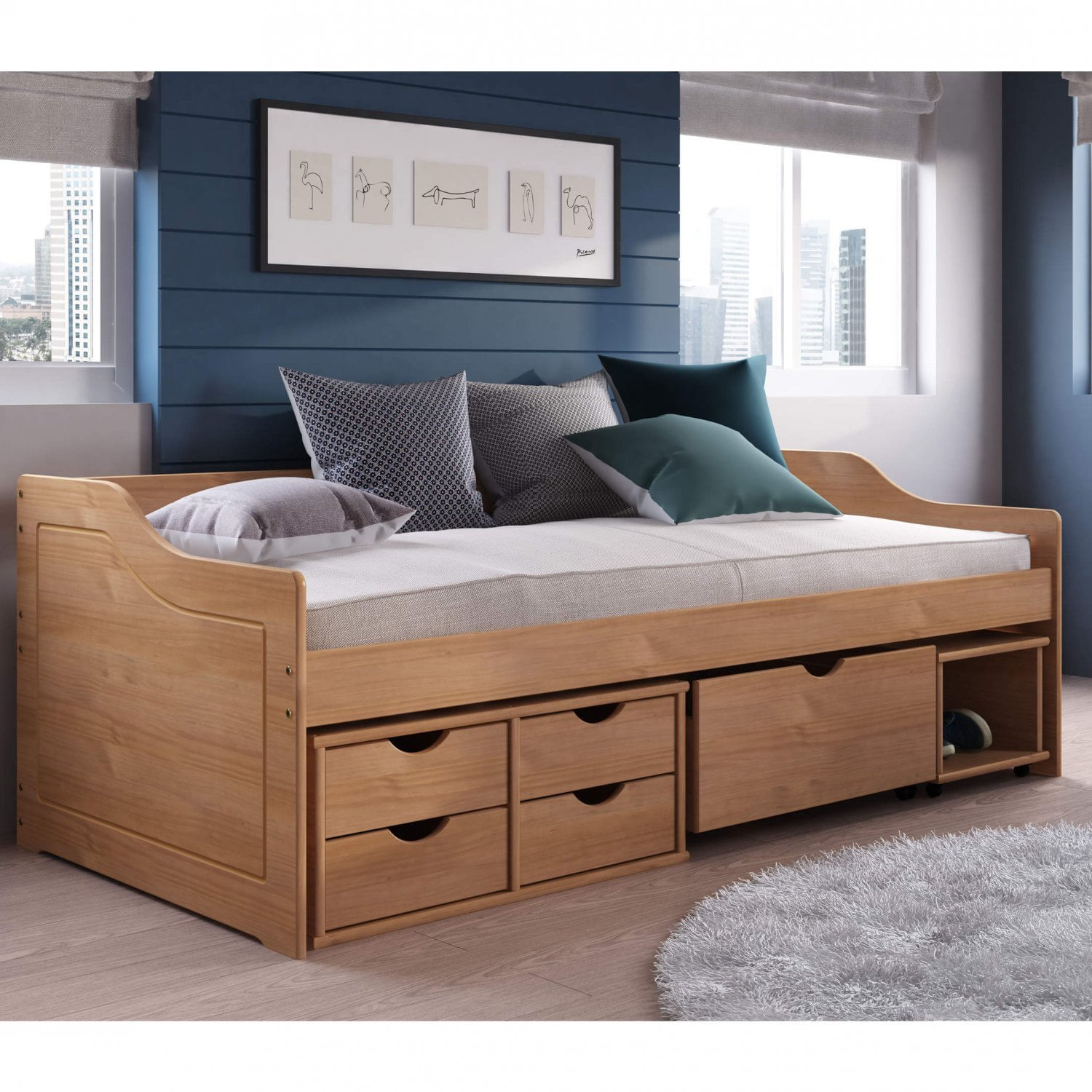 Encontraproduto.com.br - Sofá Cama Floro 4 Gavetas e 1 Nicho - Amêndoa