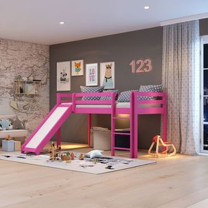 Cama Alta Kids com Escorregador em Madeira Maciça/MDF Rosa