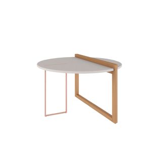 Mesa de Centro Redonda Linnea 75 cm c/Pés em Madeira Maciça - Natural/Off White