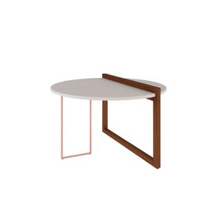 Mesa de Centro Redonda Linnea 75 cm c/Pés em Madeira Maciça - Amêndoa/Off White