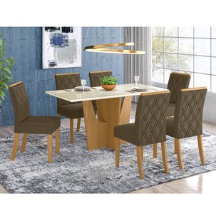 Mesa de Jantar Vértice 160cm 6 Cadeiras Vita - Nature/Off White/Marrom Claro