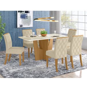 Mesa de Jantar Vértice 160cm 6 Cadeiras Vita - Nature/Off White/Linho