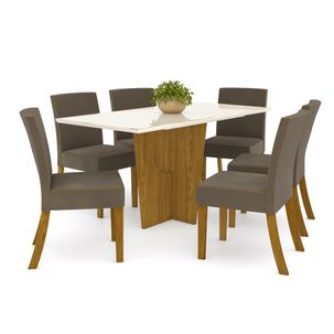 Mesa de Jantar Vértice 160cm 6 Cadeiras Maris - Nature/Off White/Marrom Claro