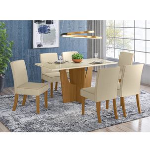 Mesa de Jantar Vértice 160cm 6 Cadeiras Maris - Nature/Off White/Linho