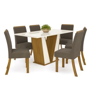 Mesa de Jantar Garda 160cm 6 Cadeiras Vega - Nature/Off White/Marrom Claro