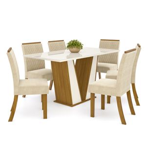 Mesa de Jantar Garda 160cm 6 Cadeiras Vega - Nature/Off White/Linho
