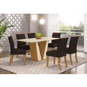 Mesa de Jantar Garda 160cm 6 Cadeiras Vita - Nature/Off White/Marrom