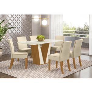 Mesa de Jantar Garda 160cm 6 Cadeiras Maris - Nature/Off White/Linho
