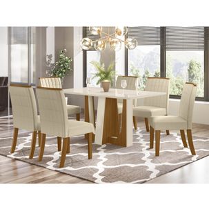 Mesa de Jantar Alfa 160cm 6 Cadeiras Tauá - Nature/Off White/Linho