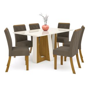 Mesa de Jantar Alfa 160cm 6 Cadeiras Vita - Nature/Off White/Marrom Claro