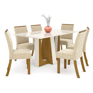 Mesa de Jantar Alfa 160cm 6 Cadeiras Vita - Nature/Off White/Linho