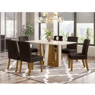 Mesa de Jantar Alfa 160cm 6 Cadeiras Maris - Nature/Off White/Marrom