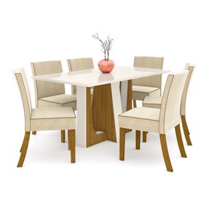 Mesa de Jantar Alfa 160cm 6 Cadeiras Maris - Nature/Off White/Linho